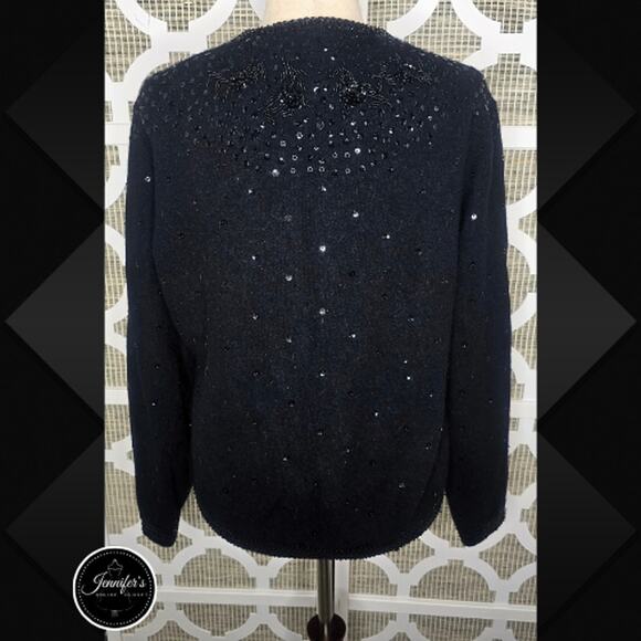 Cécile Bermuda Vintage Black Lambswool Angora Sequin Beaded Cardigan Size 12 - Picture 9 of 16